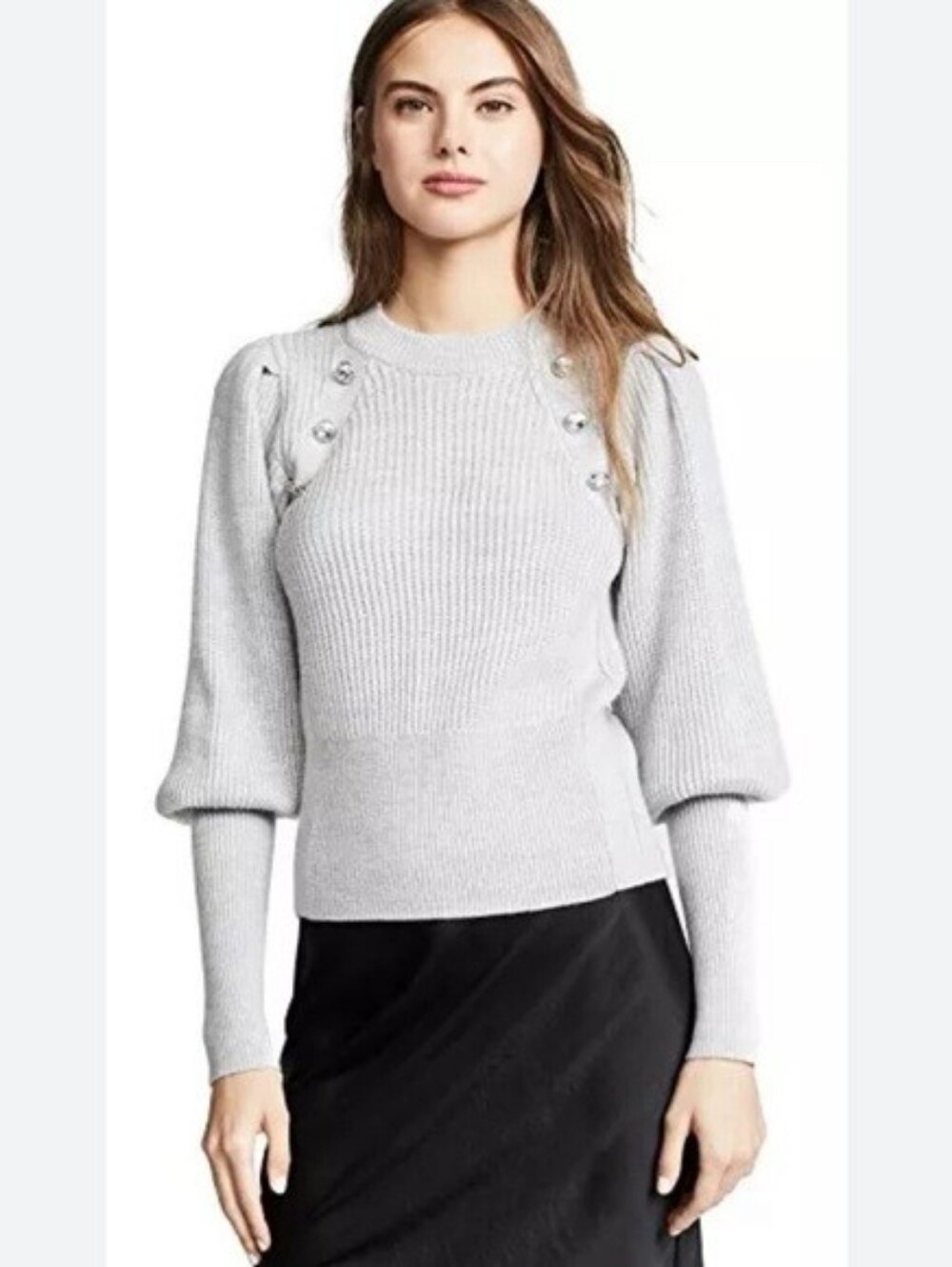 VERONICA BEARD Jude Jeweled Crewneck Blouson-sleeve Wool Knit Sweater Grey Sz L